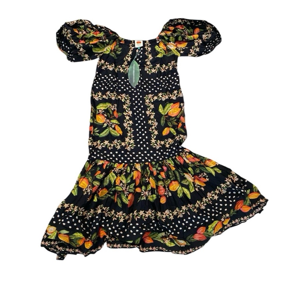FARM RIO Cocoa Paradise Maxi Black Tropical Floral Puff Sleeve Dress Size Small - Picture 2 of 5